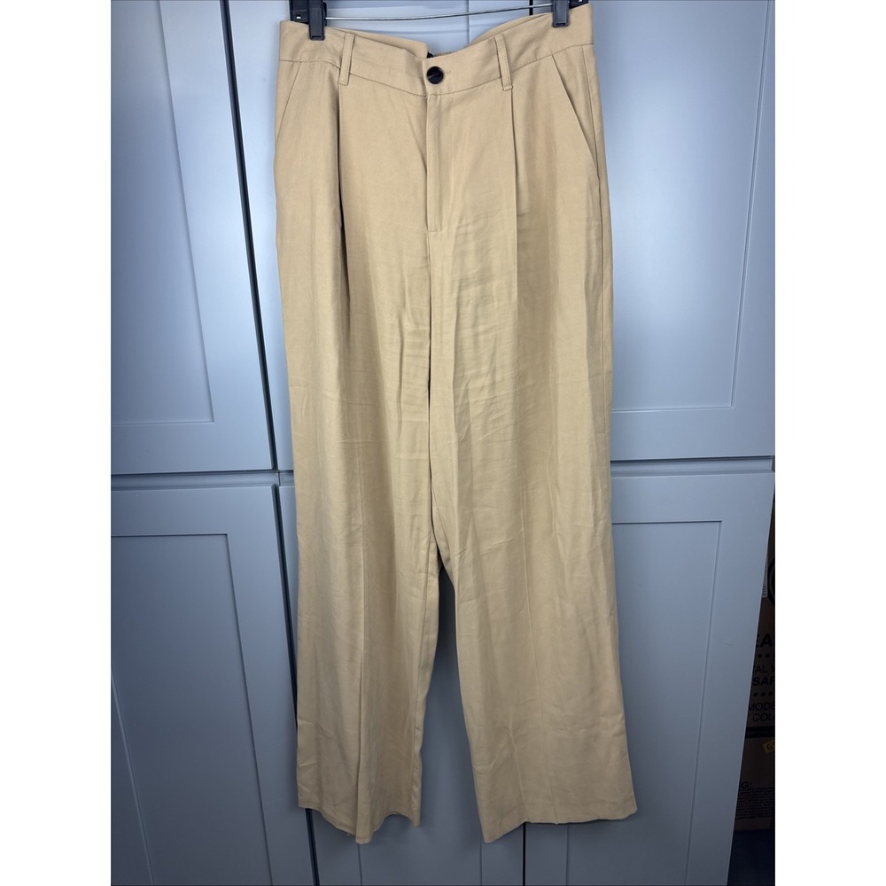Zara Flowy Pants Large Tan Wide Leg High Rise‎ Trousers Boho Resort Wear Launge